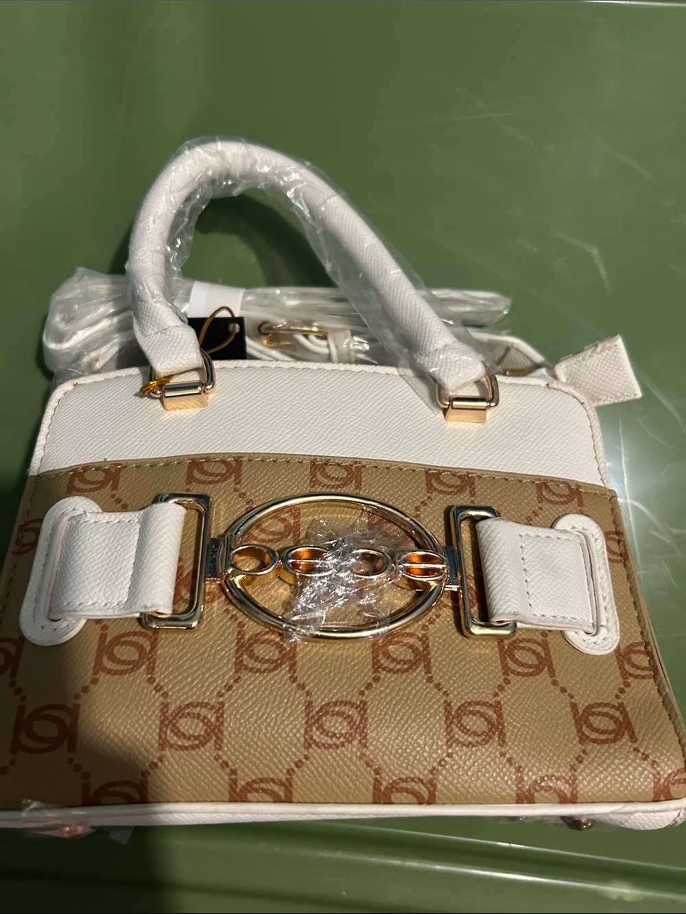bebe White and Tan Logo-Print Satchel with Gold Hardware